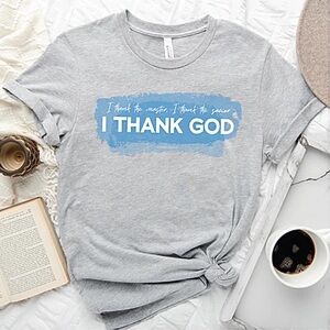 District-“I Thank God” Tee-Gray w/Blue & white graphic-NWT-Sz Med.